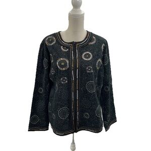 Chicos 3 Black Medallion Print Sequin Embellished Trim Jacket Sz XL Embroidered